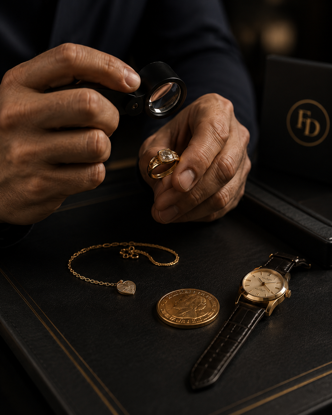 Hände prüfen Goldschmuck bei der kostenlosen Wertanalyse der Fa. Droste